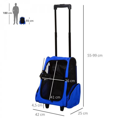 Transportín 2 en 1 para Mascotas Mochila o Carrito de Viaje para Perro y Gato con 2 Ruedas con Asa retráctil de Aluminio y Bolsillos 42x25x55 cm Azul [1]