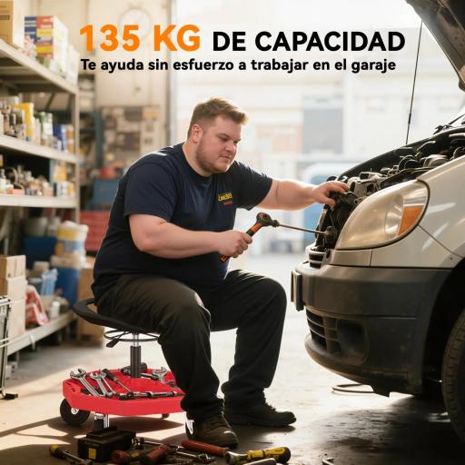 Taburete de Taller Móvil con Bandeja Magnética Ruedas Altura Ajustable de 52–59,5 cm Carga 135 kg para Garaje Rojo [5]