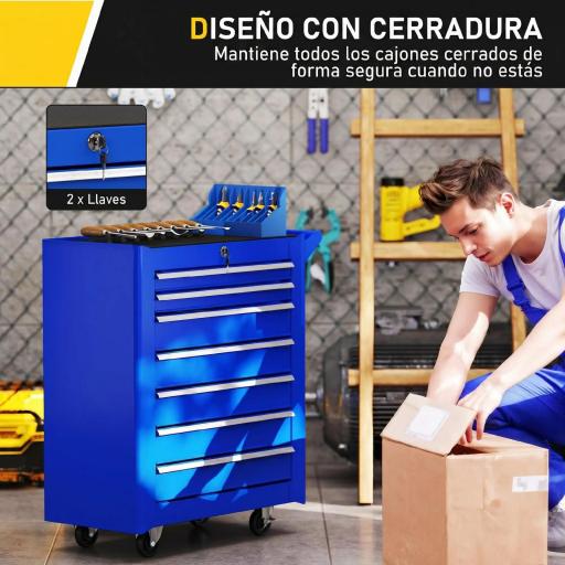 Carro de Herramientas con 7 Cajones Cerradura Asa 2 Ruedas con Freno de Bloqueo para Garaje Hogar Azul [6]