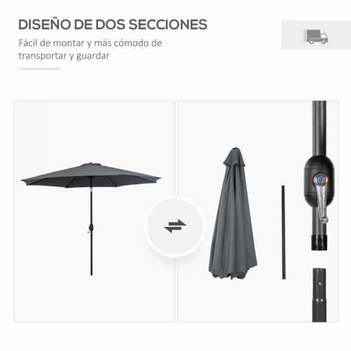 Sombrilla de Jardín Ø295x250 cm con Manivela Parasol Exterior con Mecanismo de Inclinación y Poste Desmontable de Metal para Terraza Piscina Patio Gris Oscuro [3]