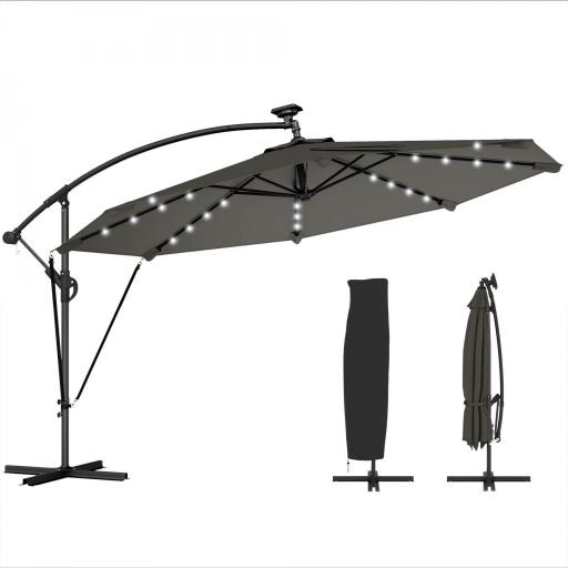 Parasol Excéntrico con Luces LED Solares Ø345 cm Sombrilla Jardín de Aluminio con Base Cruzada Manivela Funda Gris [9]