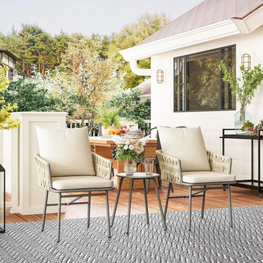 Conjunto de Muebles de Jardín de Ratán Sintético con 2 Sillas con Cojines Extraíbles y Mesa con Tablero de Metal Gris [7]