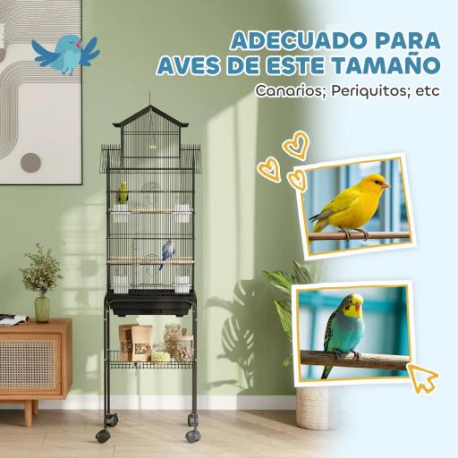 Jaula para Pájaros con Ruedas Comederos Perchas Columpio y Bandeja Extraíble 50,5x41x163 cm Negro [4]