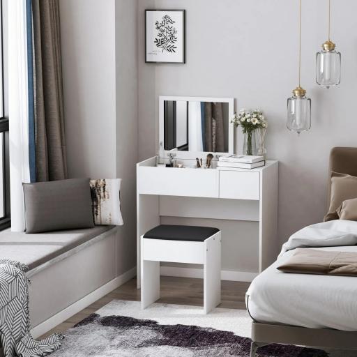 Tocador de Maquillaje con Taburete Mesa de Maquillaje con Espejo Tapa Abatible y Cajas 80x40x79 cm y 40x30x40 cm