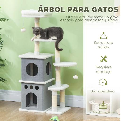 Rascador para Gatos 126 cm Torre para Gatos con Nidos Plataformas Bolas Colgantes y Postes de Sisal Crema [4]