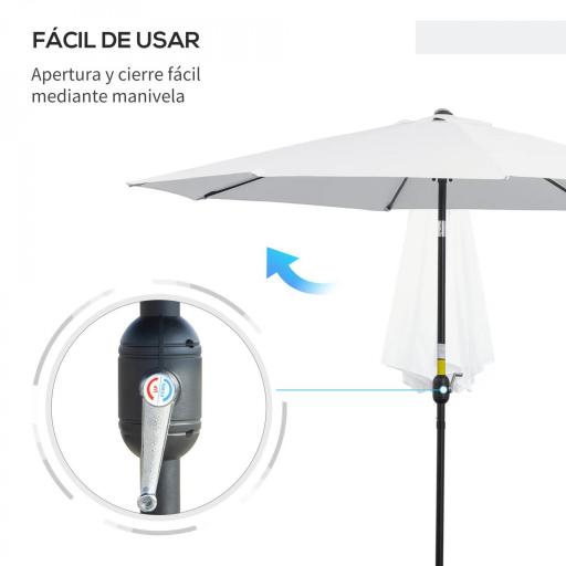 Sombrilla de Jardín Ø300x250 cm con Manivela Parasol Exterior con Mecanismo de Inclinación y Poste Desmontable de Metal para Terraza Piscina Patio Blanco [2]