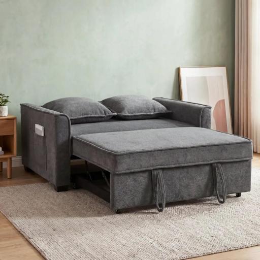 Sofá Cama 2 Plazas 3 en 1 con Respaldo Ajustable Bolsillos Laterales 2 Almohadas para Sala de Estar Gris Oscuro [9]