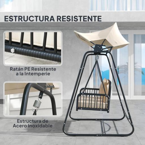 Balancín de Jardín de 2 Plazas con Toldo Retráctil Cojines y Estructura de Acero con Ratán PE 149x121x180 cm Caqui [4]