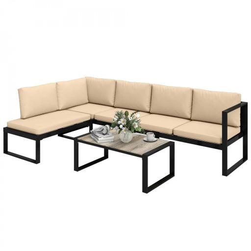 Conjunto de Jardín Exterior de 4 Piezas con 2 Sofás de 2 Plazas 1 Sillón sin Brazos y Mesa de Centro con Cojines Caqui [9]