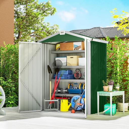 Cobertizo de Jardín Exterior 1,1 m² 133x87x178 cm con 2 Puertas Correderas Techo Inclinado y Guantes Verde [0]