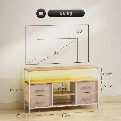 Mueble de TV con Luz LED y Enchufes Puertos USB Estantes Abiertos 4 Cajones plegables 120x30x67,5 cm Beige y Blanco [1]