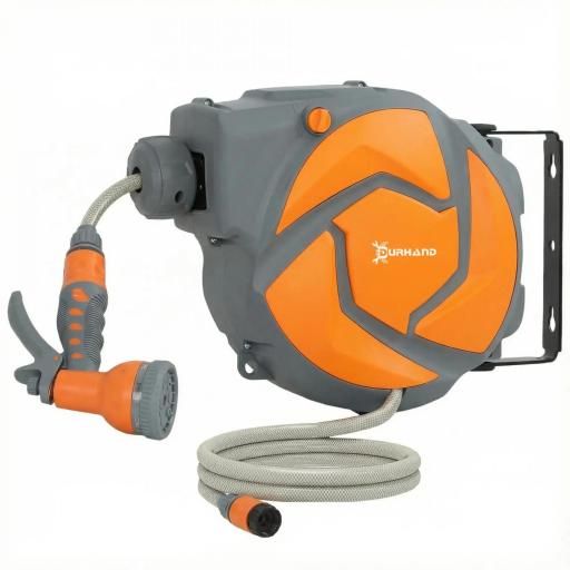 Manguera Retráctil de Pared con Carrete de 10+1 m con Retorno Enrollado Automático y Boquilla de 7 Funciones Gira 180° [9]