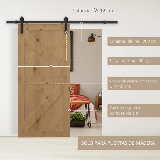 Herraje Puerta Corredera 200 cm Kit de Riel Adecuado para 1 Puerta Granja de Madera de 100 cm de Ancho Acero de Carbono Carga Máx. 90 kg [5]