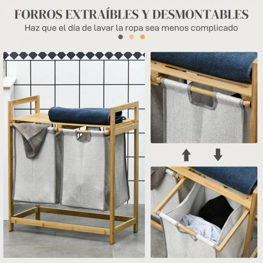 Cesto de la Ropa Sucia de Bambú con 2 Bolsas Extraíbles y Estante Carga 20kg 2x40,6L 64x33x73 cm Natural [6]