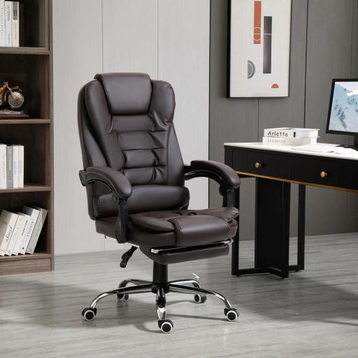 Silla de Escritorio con Reposapiés Silla Ejecutiva Giratoria con Altura Ajustable Tapizada en PU y Reposabrazos Café