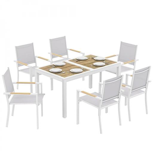 Conjunto de Mesa y Sillas Jardín con Mesa de Plástico PSPC y 6 Sillas Apilables Transpirables para Terraza Patio Blanco [9]