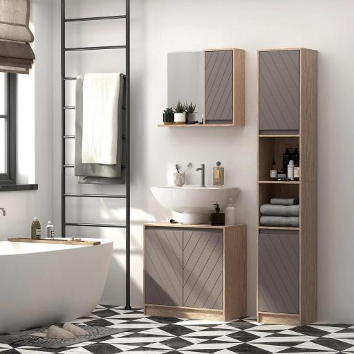 Armario de Baño con Espejo Mueble Auxiliar Montado en Pared con 1 Puerta y Estante Ajustable Estilo Moderno 57x14,2x49,2 cm Roble y Gris