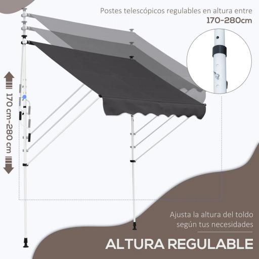 Toldo Manual Retráctil 200x150x170-280 cm para Balcón y Terraza con Altura Ajustable con Manivela Gris [6]