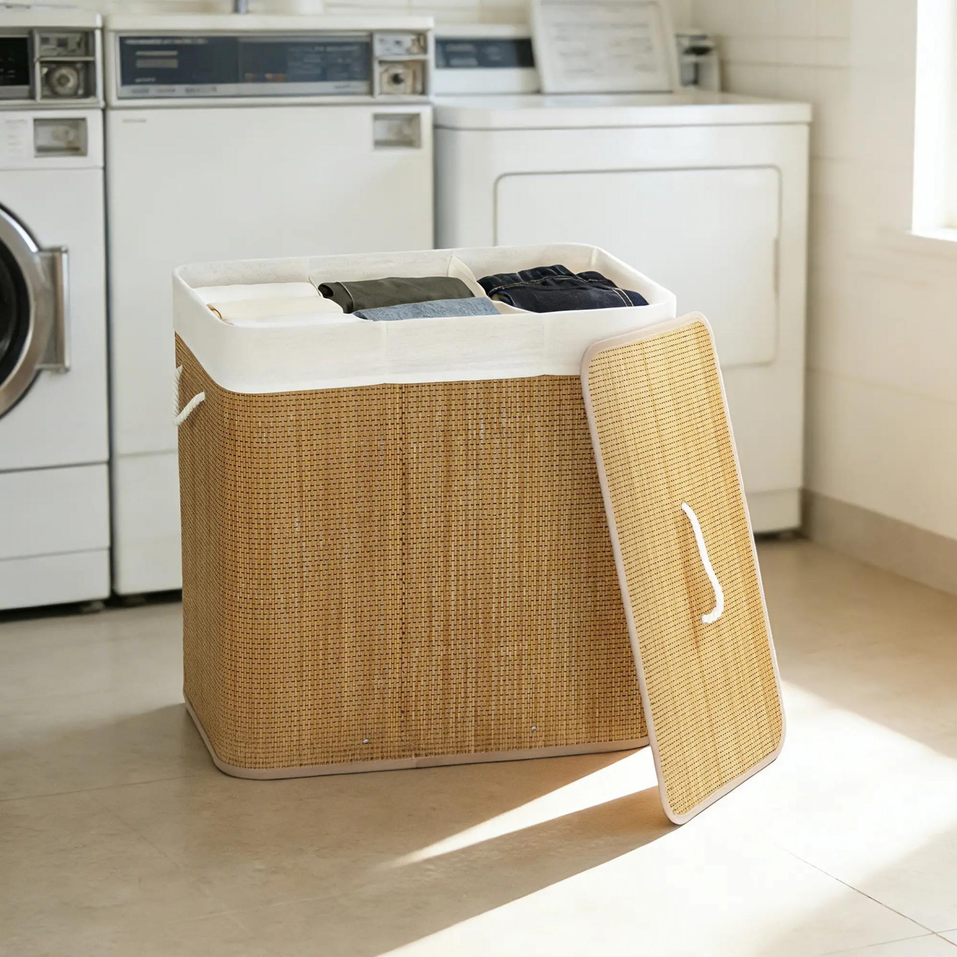 Cesto de Ropa Sucia de Bambú con 1 Compartimento Asas para Facilitar el Uso y Bolsas Desmontables Lavables 60x40x60 cm