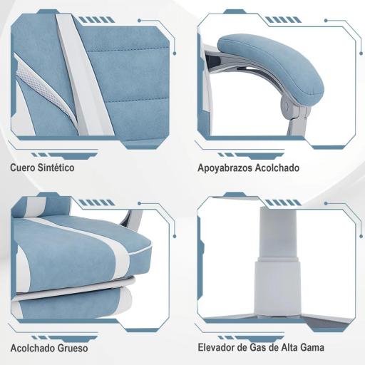 Silla Gamer Reclinable con Altura Ajustable Reposapiés Retráctil Soporte Lumbar y Reposacabezas Desmontable Azul [2]