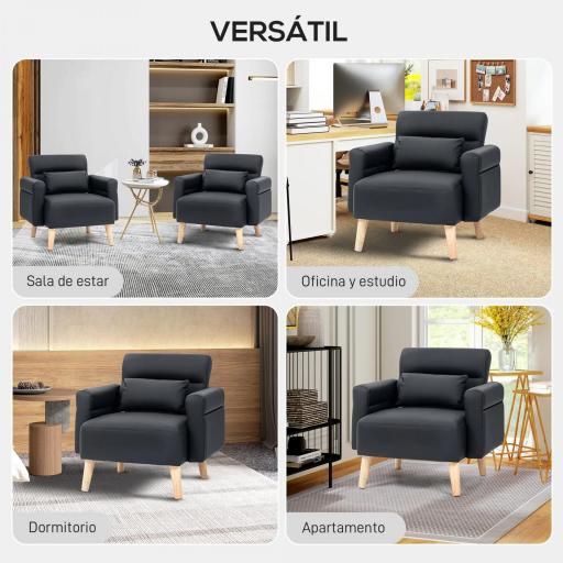 Sillón Tapizado en Cuero Sintético Respaldo con Costuras y Patas de Madera para Salón o Dormitorio 77x78x78 cm Negro [6]