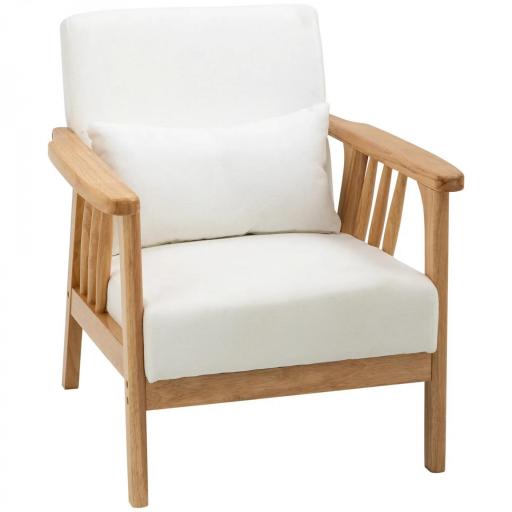 Sillón de Salón Tapizado en Terciopelo con Cojín y Patas de Madera de Caucho para Oficina 68x75x78 cm Crema [9]