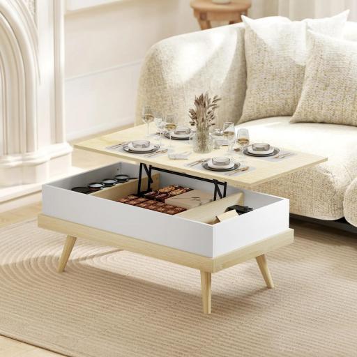 Mesa de Centro Elevable con 3 Compartimientos de Almacenaje Ocultos y Patas de Madera 100x79x54 cm Natural y Blanco