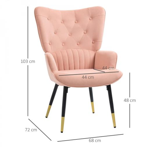 Butaca de Salón Sillón Individual Tapizado en Terciopelo con Respaldo Alto Estilo Moderno 68x72x103 cm Rosa [1]