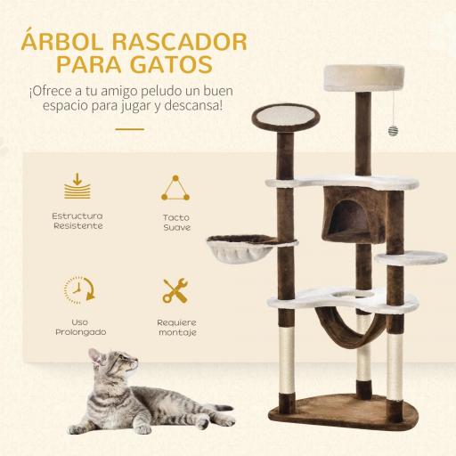 Torre para Gatos Grande 65x50x153 cm con Múltiples Plataforma Poste Hamaca Bolas de Juguete y Cueva Marrón [2]