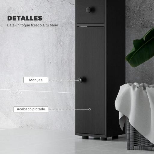 Armario de Baño Alto Columna de Baño Estrecha con 1 Cajón 4 Estantes Abiertos y Estantes Ajustables 20x20x180 cm Negro [3]