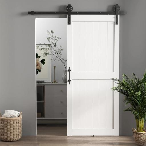 Puerta Corredera de Granero con Herrajes Manija Rodillo y Guía de Suelo Mejorados para Baño Salón 91,5x213,4 cm Blanco [1]