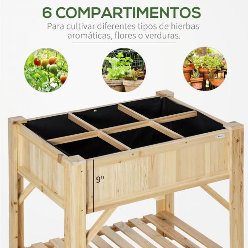Huerto Urbano de Madera 78,5x58x81 cm Mesa de Cultivo con 6 Compartimentos y Estante Inferior para Plantas Flores en Jardín Terraza Exterior Color Natural [2]