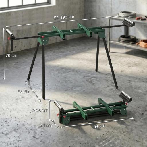 Soporte Sierra Ingletadora Universal con Rodillos Extensibles 94-195 cm Ajustable y Plegable Carga 150 kg Verde [1]