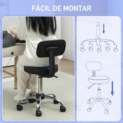 Taburete Giratorio con Respaldo y Ruedas Silla Ajustable para Salones de Belleza Estudio de Tatuajes 46x51x78-93 cm [2]