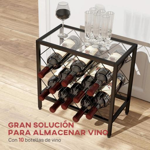 Botellero Vino para 10 Botellas con Encimera de Vidrio Templado y Marco de Acero para Salón Comedor 41x22x41 cm Negro [3]