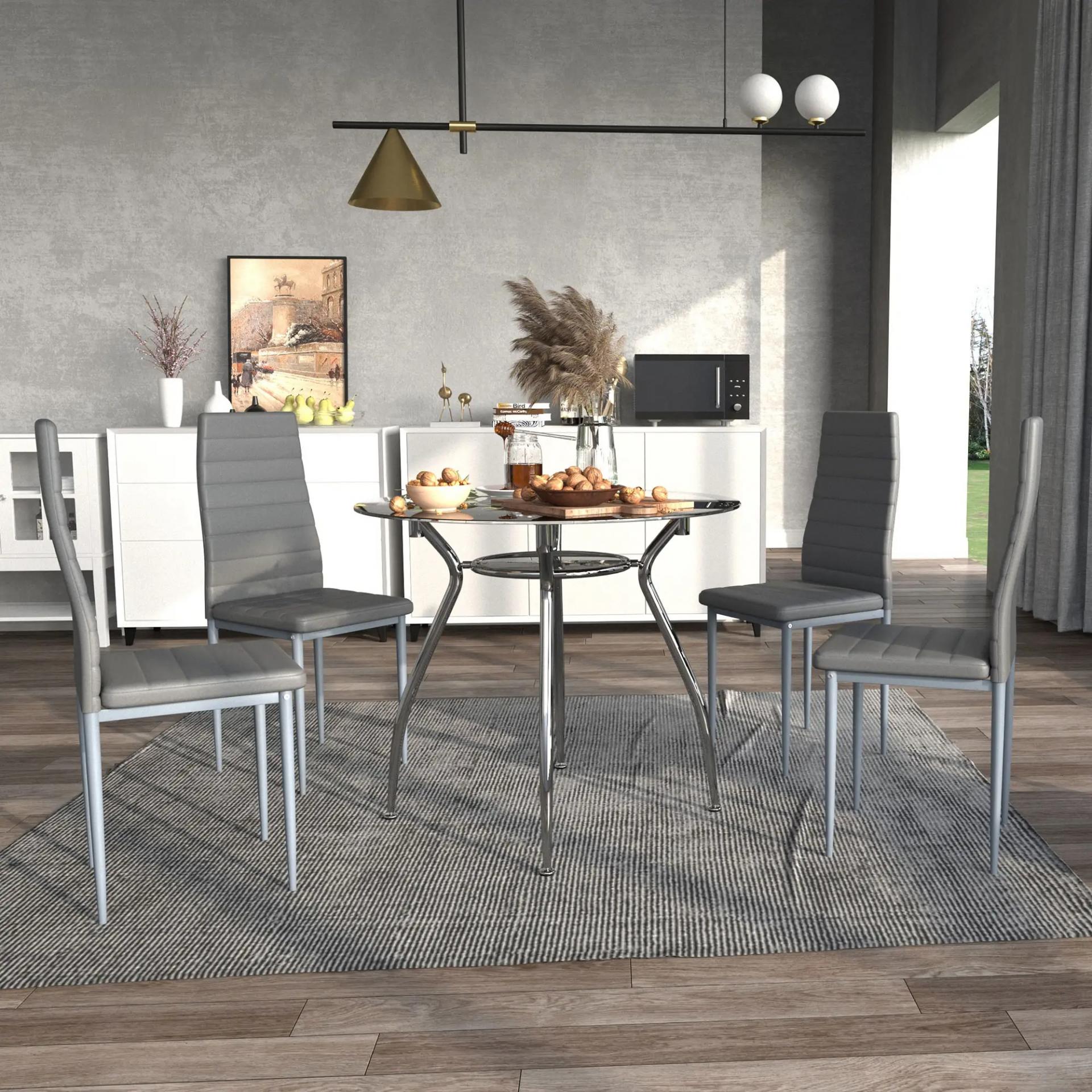 Juego Mesa de Comedor y 4 Sillas Conjunto de Muebles de 5 Piezas Mesa Redonda Ø90x75 cm y 4 Sillas 42x52x96 cm Gris