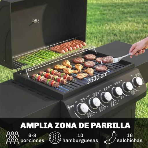 Barbacoa de Gas con 6 Quemadores 15 kW Termómetro Parrilla Mesas Laterales Armario y Ruedas 135x51x101 cm Negro [2]