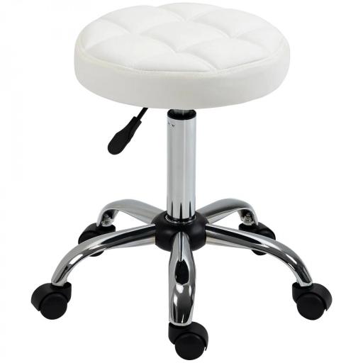 Taburete Giratorio con Ruedas Regulable en Altura de 48-63 cm Taburete de Trabajo Tapizado en Cuero PU para Peluquería Cosmética Dentista Diámetro Ø35,5 cm Blanco [7]