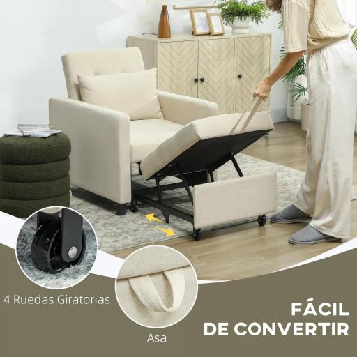 Sofá Cama de 1 Plaza Tapizado en Lino con Respaldo Ajustable de 3 Niveles y Almohada Acolchada 69x82,5x84 cm Beige [5]