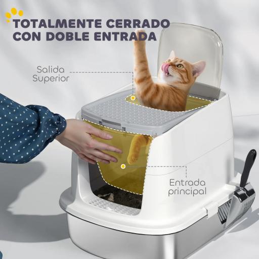 Arenero para Gatos de Acero Inoxidable L con Tapa Abatible Pala Metálica Bolsa Desodorizante Fácil de Limpiar Blanco [5]