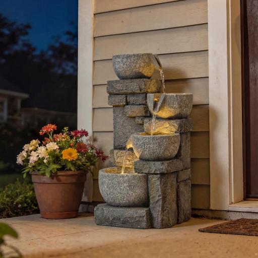 Fuente de Jardín con Iluminación LED Bomba Fuente Decorativa en Cascada de 4 Niveles Flujo Ajustable Gris [7]