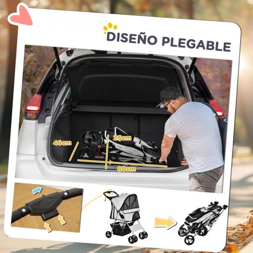 Carrito para Perros con Toldo Ajustable Cesta de Almacenaje y Ruedas con Freno Tela Oxford 77x45x99,5 cm Gris [2]
