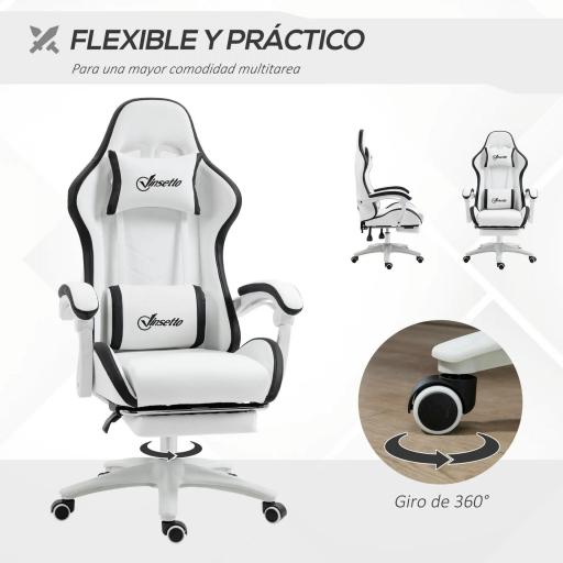 Silla Gaming Silla Gamer de Cuero PU Altura Ajustable Reclinable 135° Reposacabezas y Reposapiés 65x65x121-129 cm Blanco [4]