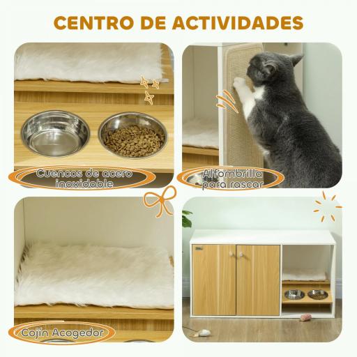 Mueble Arenero para Gatos 3 en 1 con Puertas Cojín Tazones y Estera para Rascar 95x48x50,5 cm Blanco y Roble [4]