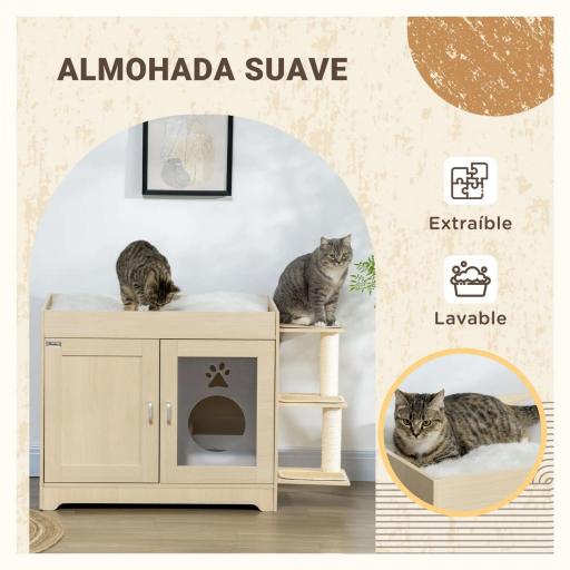 Mueble Arenero para Gatos con Cama Cojín Suave 3 Plataformas y Postes de Sisal 107x54x70 cm Roble [6]