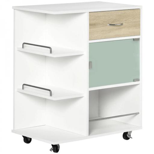 Carrito de Cocina Verdulero con 1 Cajón Puerta de Vidrio y Estantes Carro Auxiliar con Ruedas 65x39x80 cm Natural [4]