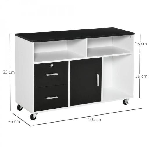 Mueble Auxiliar de Oficina Mueble Archivador con Ruedas Estantes y Cajones Armario Multiusos con Gran Almacenaje 100x35x65 cm Negro y Blanco [1]