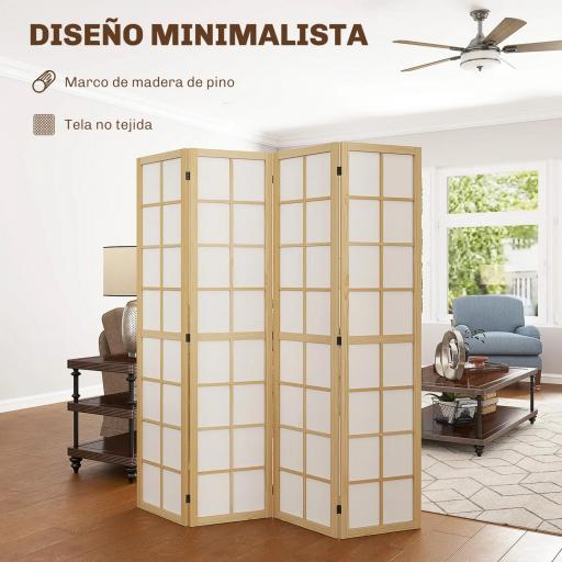 Biombo de 4 Paneles Plegable con Marco de Madera 160x170 cm para Dormitorio Oficina Salón Natural [6]