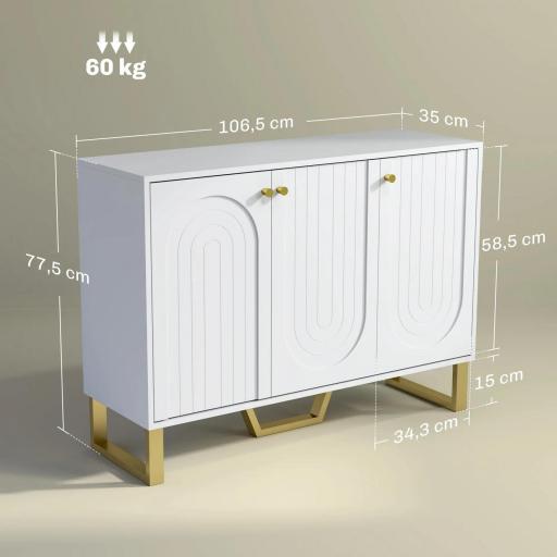 Aparador con 3 Puertas Arqueadas Estantes Ajustables y Patas Doradas 106,5x35x77,5 cm Blanco [1]