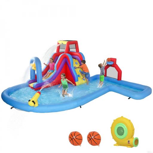 Castillo Hinchable Acuático con Soplador 550W Tobogán Pared de Escalada Piscina Aro de Baloncesto Portería de Fútbol [9]